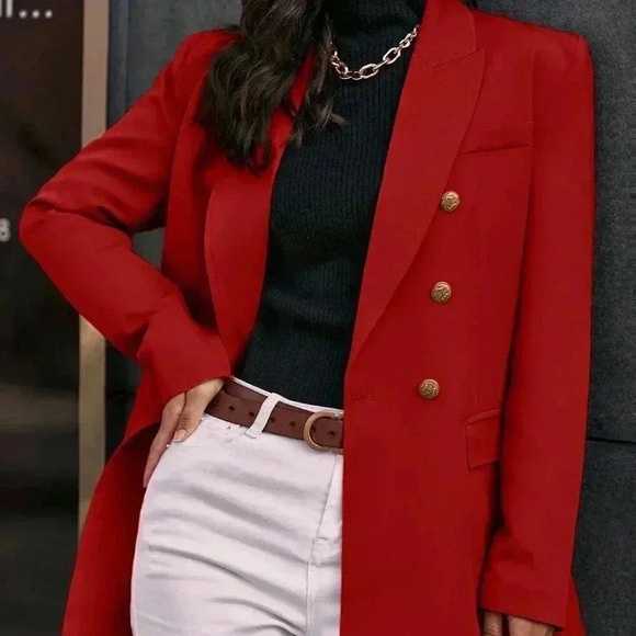 Red Elegant Women's work chic Lapel Neck Double Breasted Blazer - Picture 6 of 6